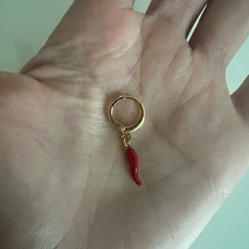 Italian Gold Hoop Earring with Red Charm chili Napoli